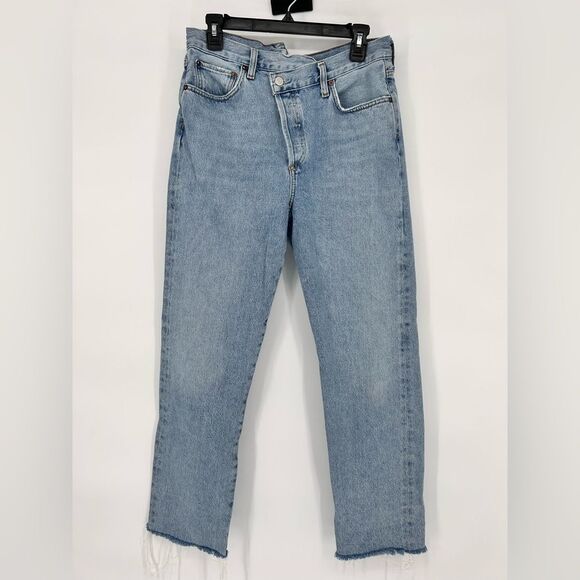 Agolde Criss Cross Straight Jeans Light Blue 28 Raw Hem - Picture 3 of 13